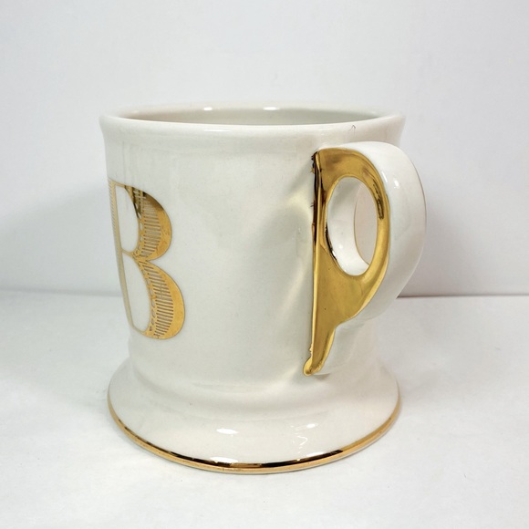 Anthropologie B Monogram Coffee Tea Mug Cup Ivory Metallic Gold Shaving 12 fl oz - Picture 2 of 4